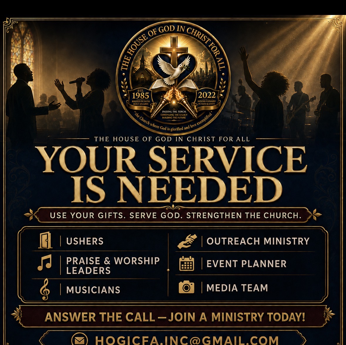 Your Service Is Needed ministry opportunities flyer listing ushers, praise and worship leaders, musicians, outreach ministry, event planner, and media team
