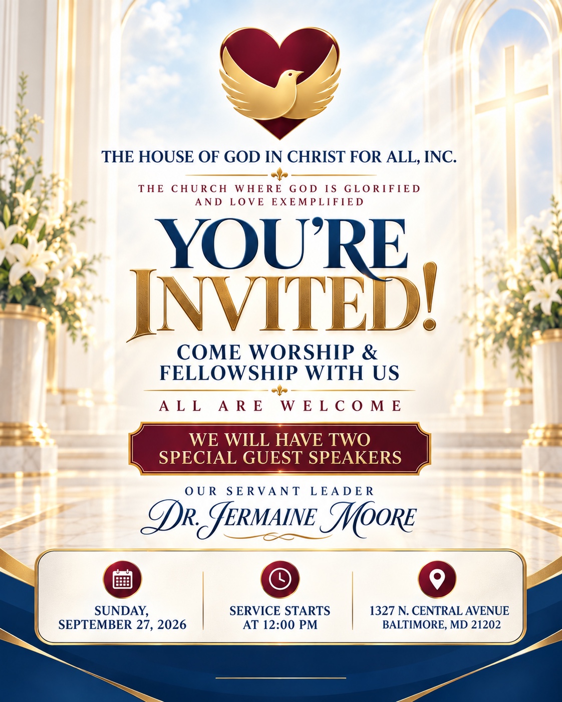 You’re Invited church service flyer for Sunday, September 27, 2026 at 12:00 PM