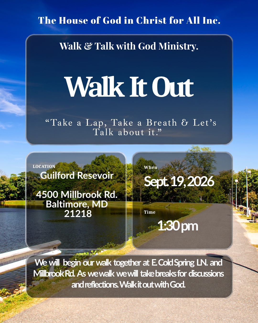 Walk It Out event flyer for the Walk and Talk with God Ministry at Guilford Reservoir
